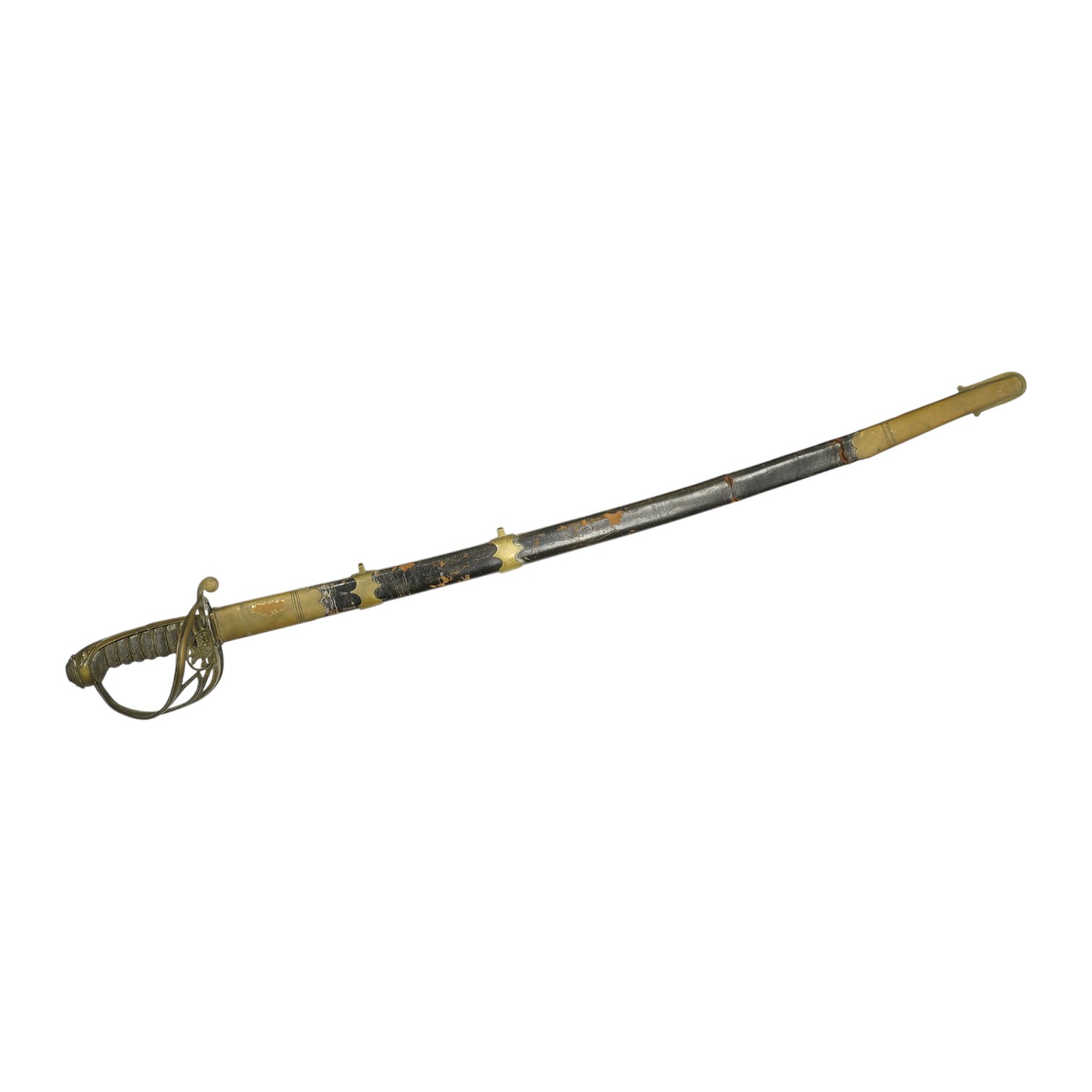 An 1845 pattern infantry officer’s sword, with plain slightly curved blade, regulation solid brass guard, and wire bound fish covered grip, in its brass mounted leather scabbard. Condition - poor to fair, blade cleaned b